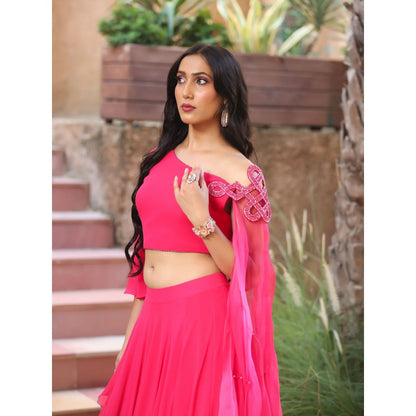 Payal Dawar Pink Nazakat Drape Attached Crop Top with Skirt (Set of 2)