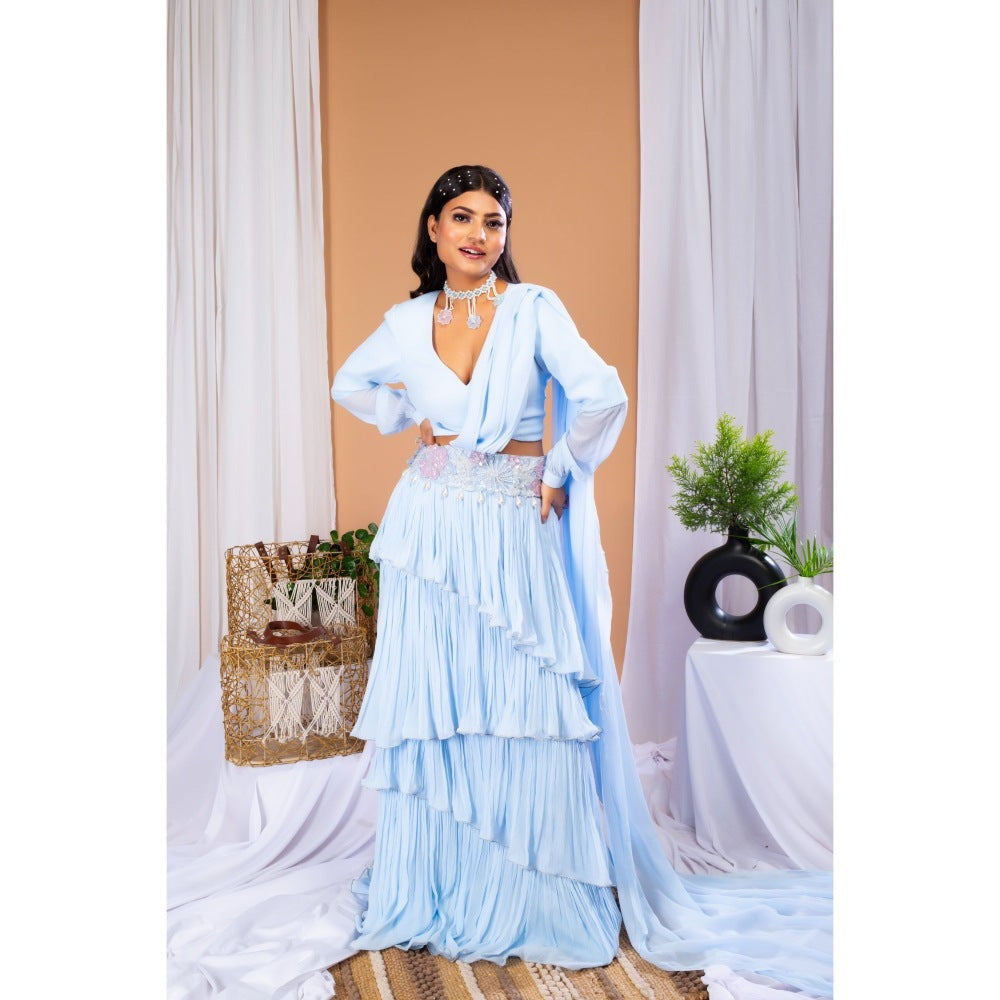 Payal Dawar Blue Serene Frilled Top with Skirt and Belt (Set of 3)