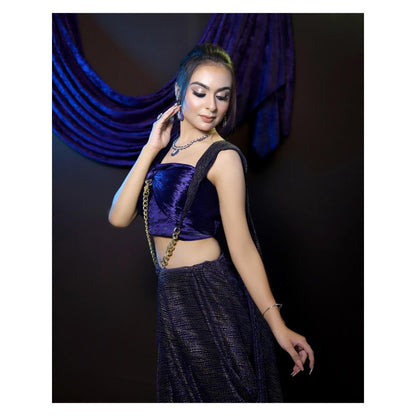 Payal Dawar Navy Blue Bold Pre Draped Saree with Stitched Blouse