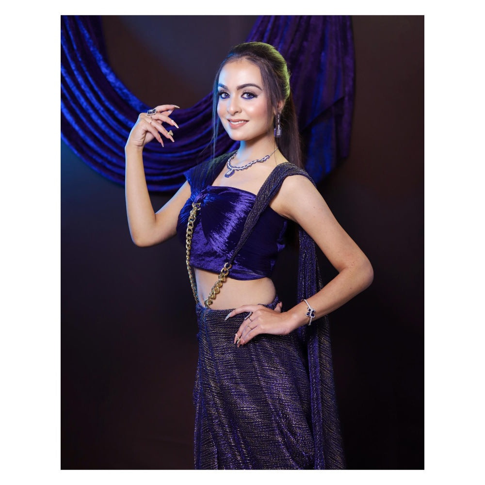 Payal Dawar Navy Blue Bold Pre Draped Saree with Stitched Blouse