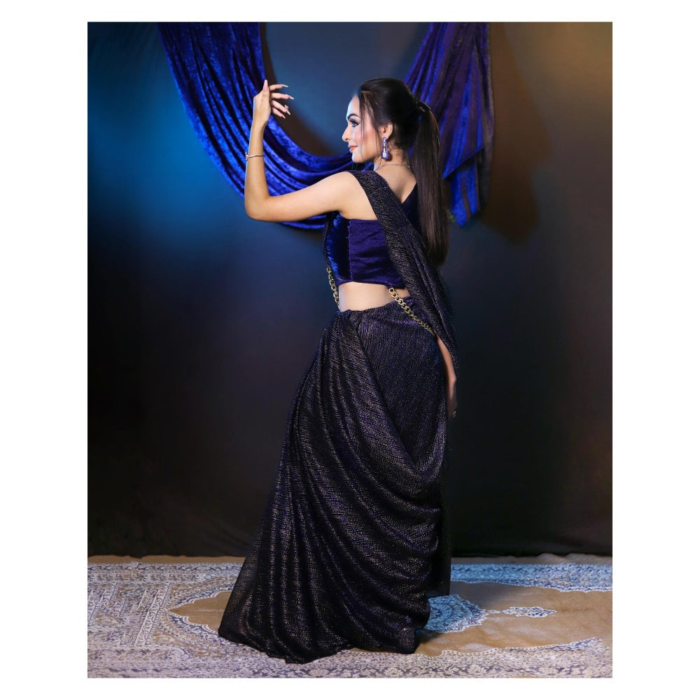 Payal Dawar Navy Blue Bold Pre Draped Saree with Stitched Blouse
