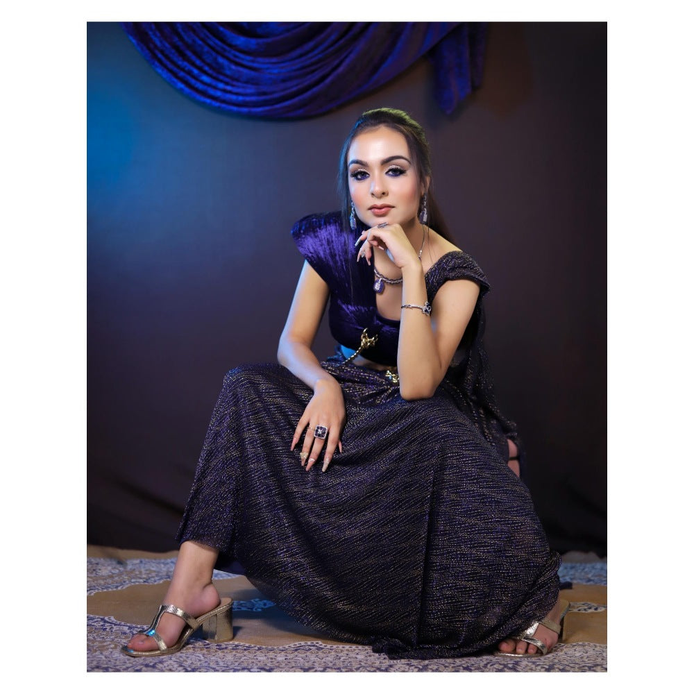 Payal Dawar Navy Blue Bold Pre Draped Saree with Stitched Blouse