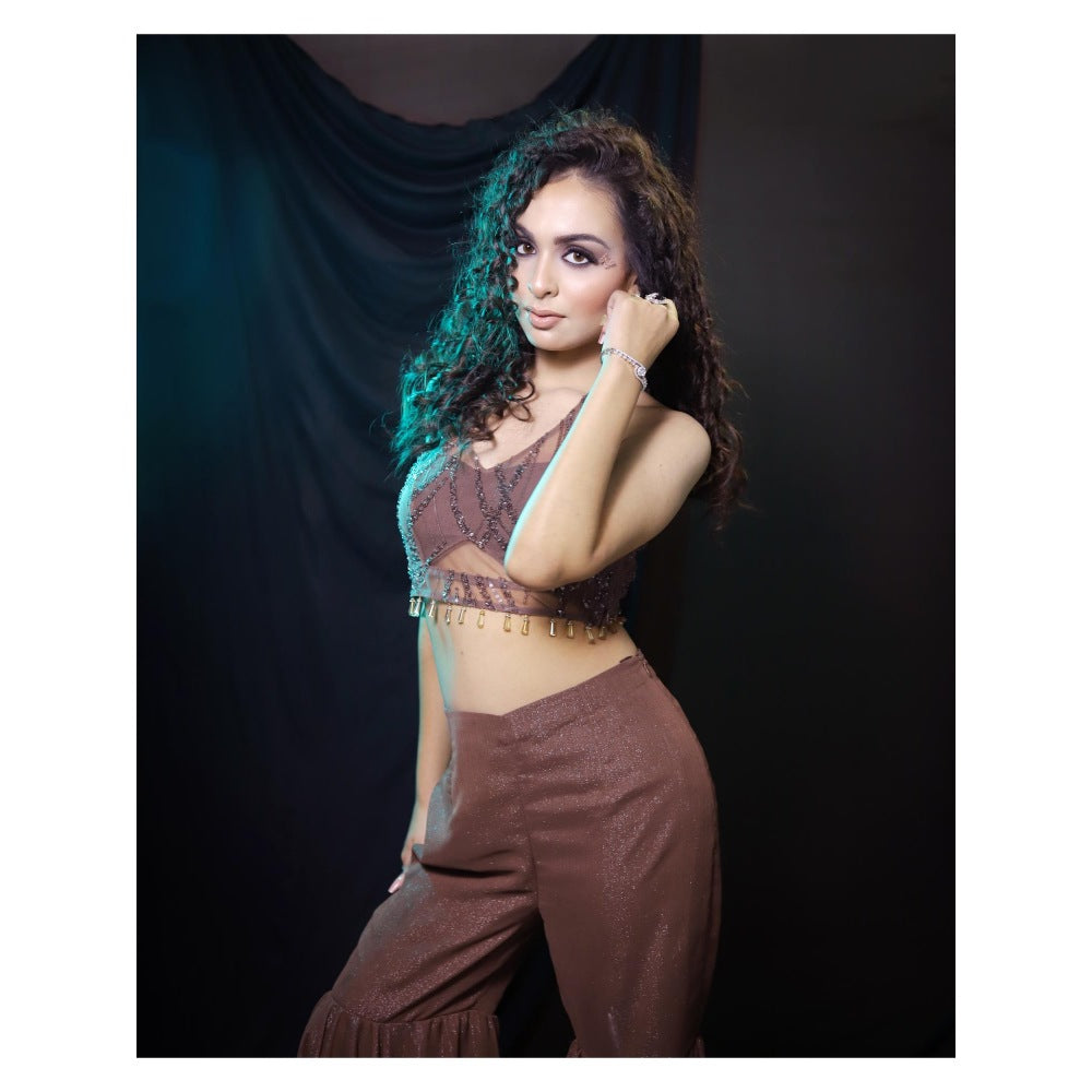 Payal Dawar Brown Bold Embellished Top and Sharara with Detachable Sleeves (Set of 3)