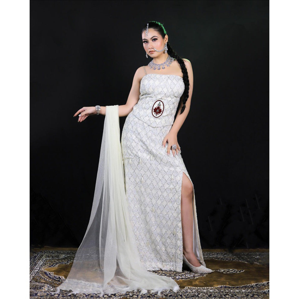 Payal Dawar White Embellished Corset Top with Skirt and Dupatta (Set of 3)