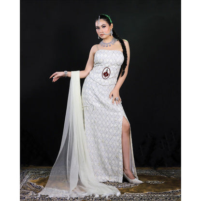 Payal Dawar White Embellished Corset Top with Skirt and Dupatta (Set of 3)