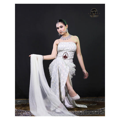 Payal Dawar White Embellished Corset Top with Skirt and Dupatta (Set of 3)