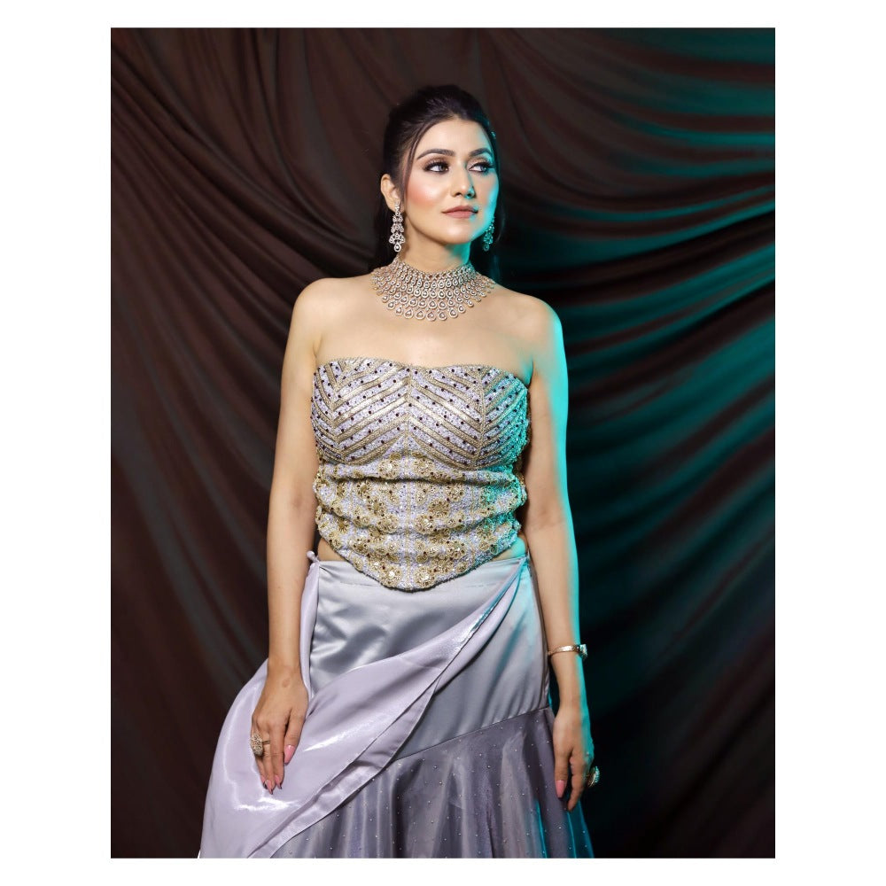 Payal Dawar Grey Embroidered Corset Styled Blouse and Lehenga (Set of 2)
