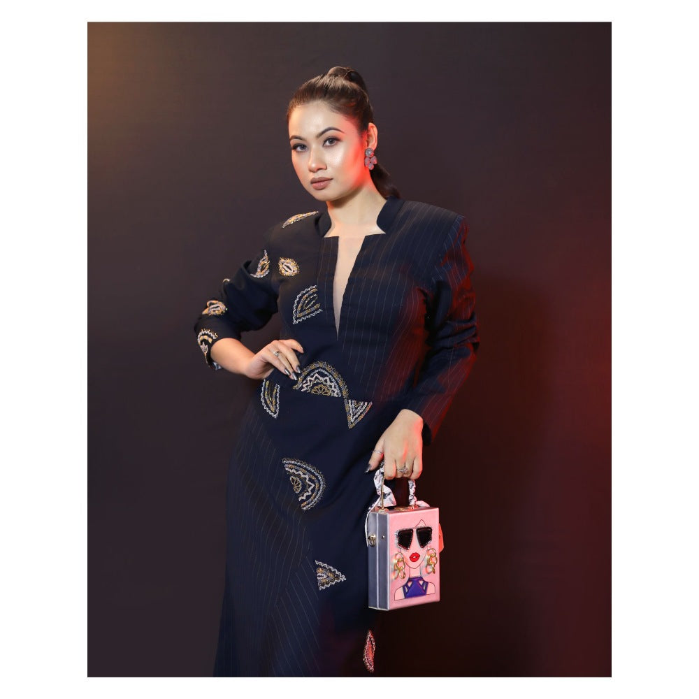 Payal Dawar Navy Blue Embroidered Bold Pannel Dress