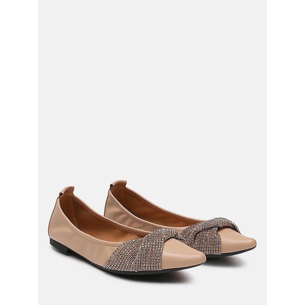 PAZZION Women's Almond Beige Diamante Pointed Ballerina
