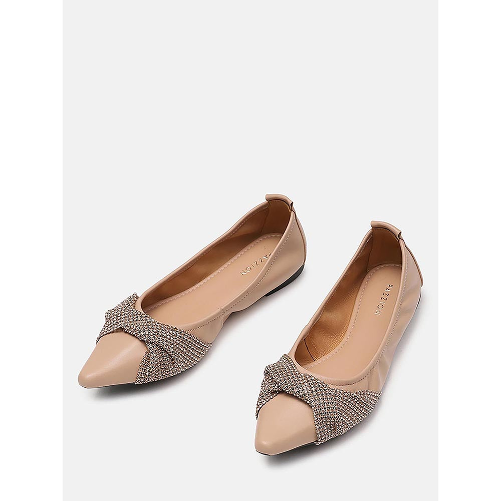 PAZZION Women's Almond Beige Diamante Pointed Ballerina