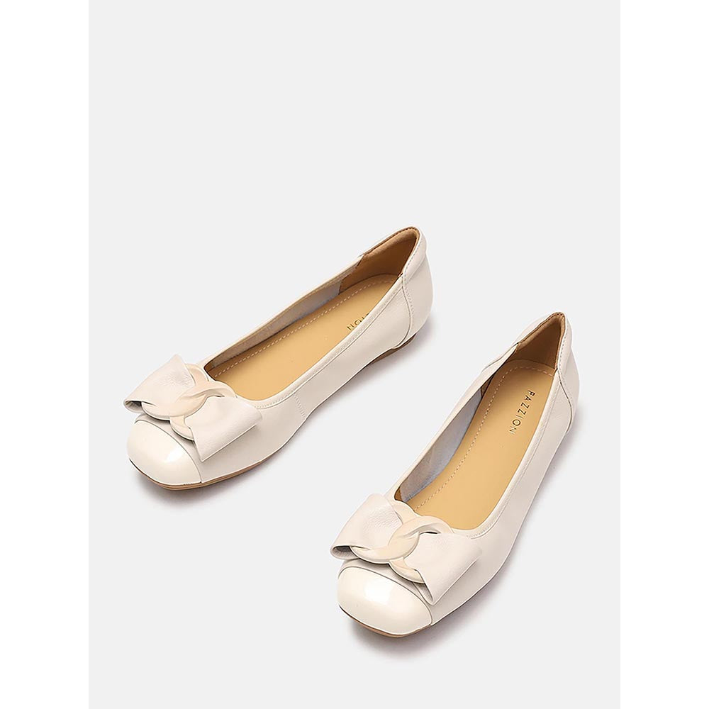 PAZZION Women's Beige Jan Buckle Bow Square Toe Ballerina