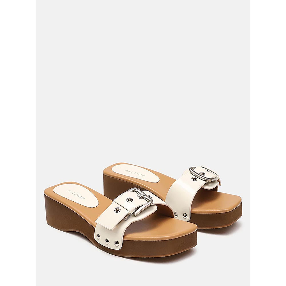 PAZZION Women's Beige Pat Buckle Sandals Heels