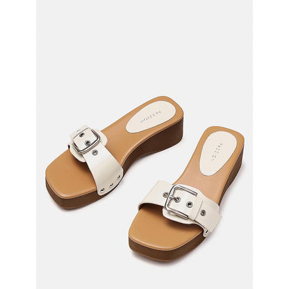 PAZZION Women's Beige Pat Buckle Sandals Heels