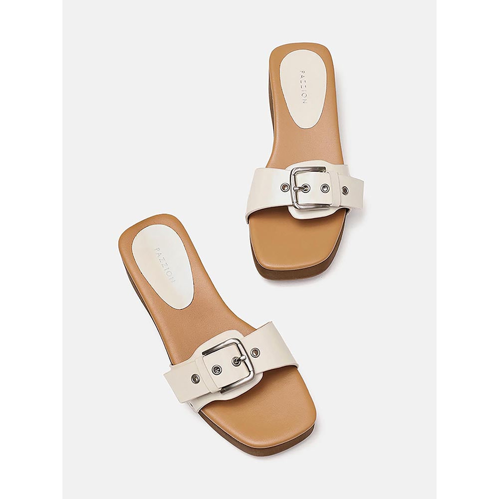 PAZZION Women's Beige Pat Buckle Sandals Heels
