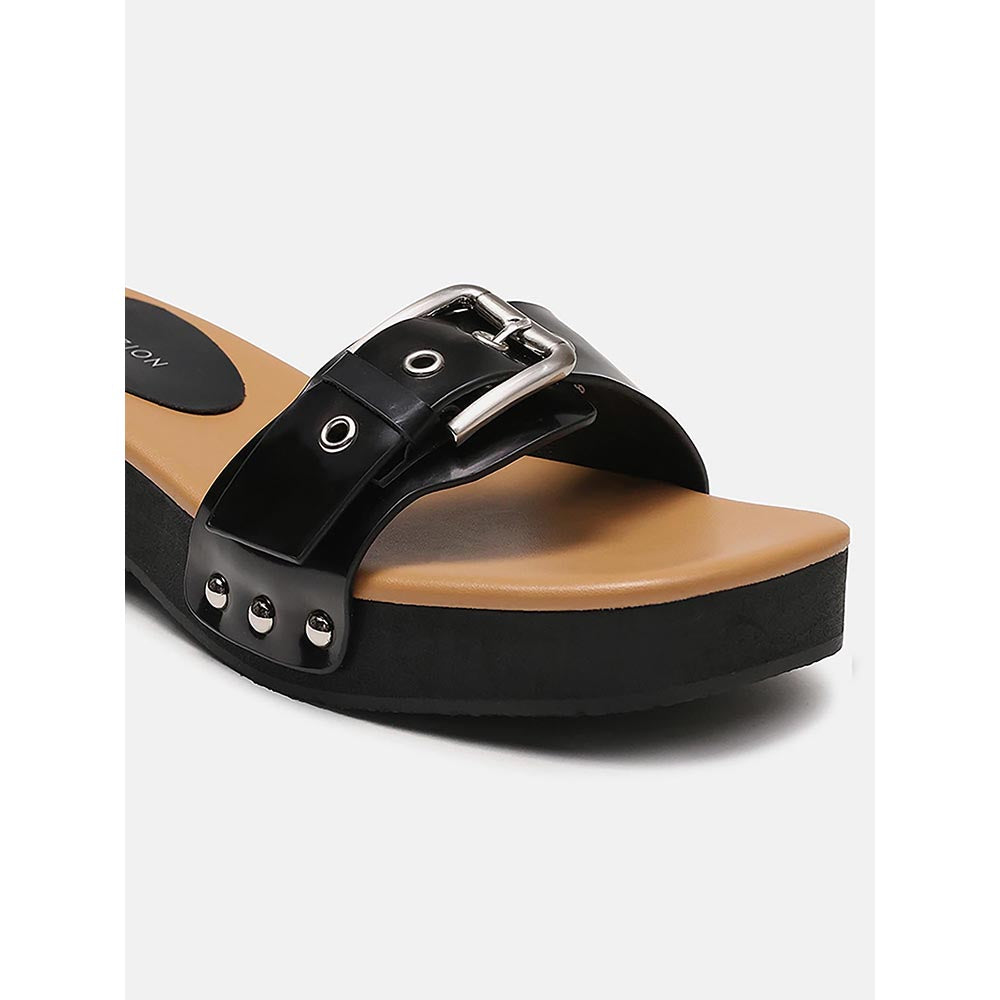 PAZZION Women's Black Pat Buckle Sandals Heels