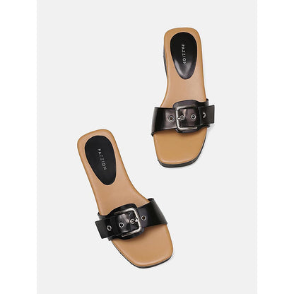 PAZZION Women's Black Pat Buckle Sandals Heels