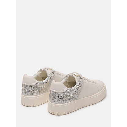 PAZZION Women Beige Arco Crystal Embellished Chunky Lace-Up Sneakers