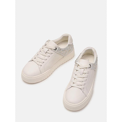 PAZZION Women Beige Arco Crystal Embellished Chunky Lace-Up Sneakers