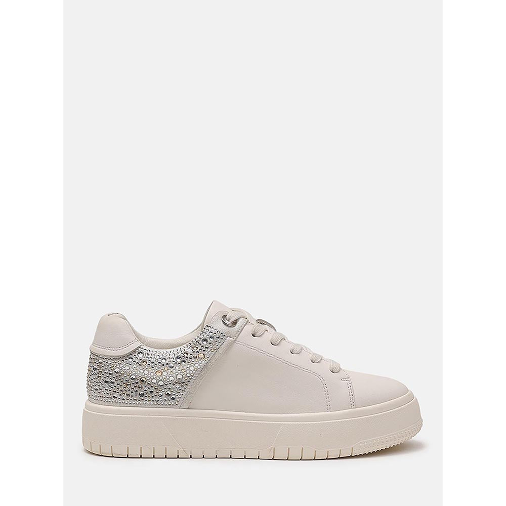 PAZZION Women Beige Arco Crystal Embellished Chunky Lace-Up Sneakers