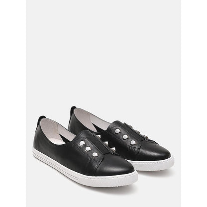 PAZZION Women Black Studded Silver Accent Leather Slip-On Sneakers