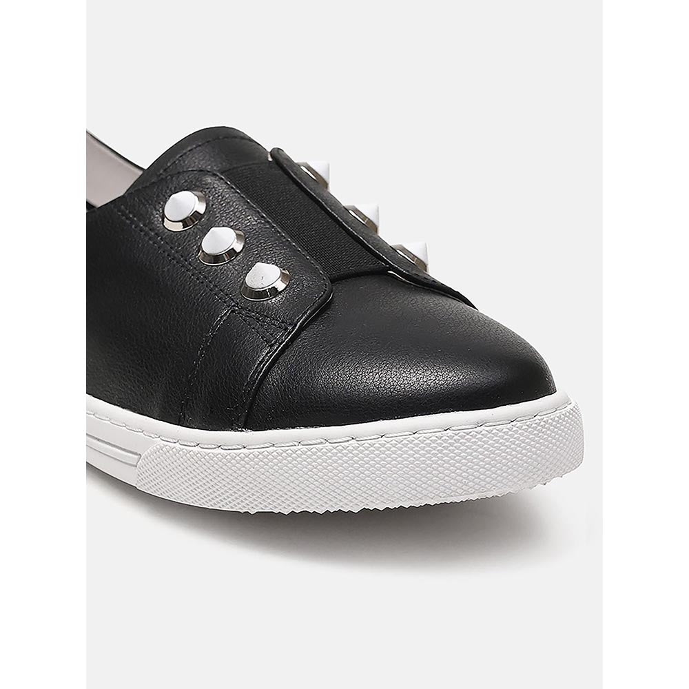 PAZZION Women Black Studded Silver Accent Leather Slip-On Sneakers