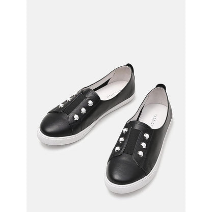PAZZION Women Black Studded Silver Accent Leather Slip-On Sneakers