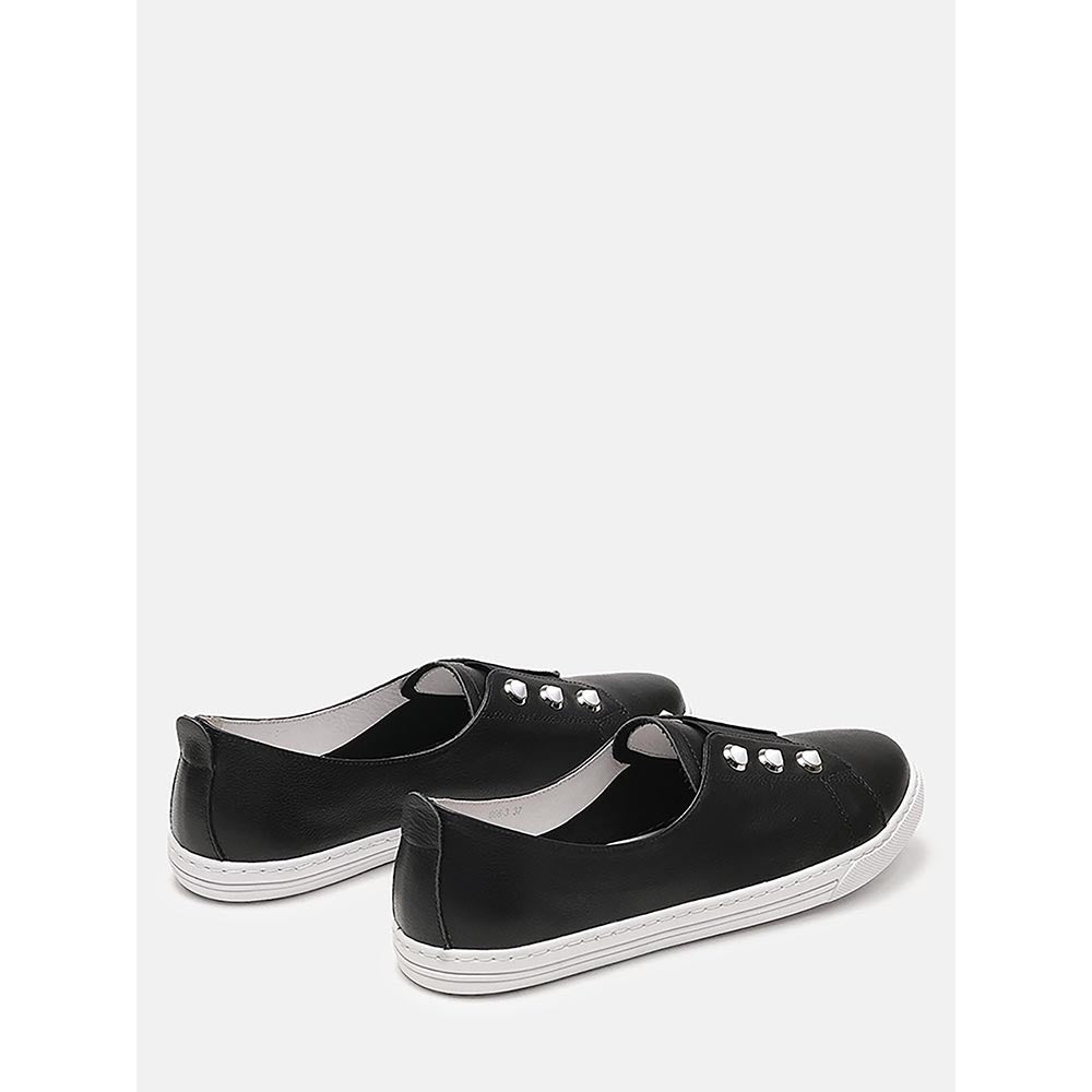 PAZZION Women Black Studded Silver Accent Leather Slip-On Sneakers