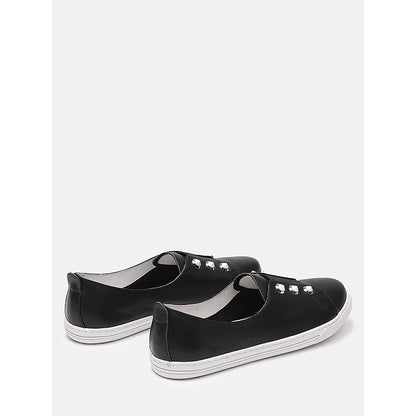 PAZZION Women Black Studded Silver Accent Leather Slip-On Sneakers