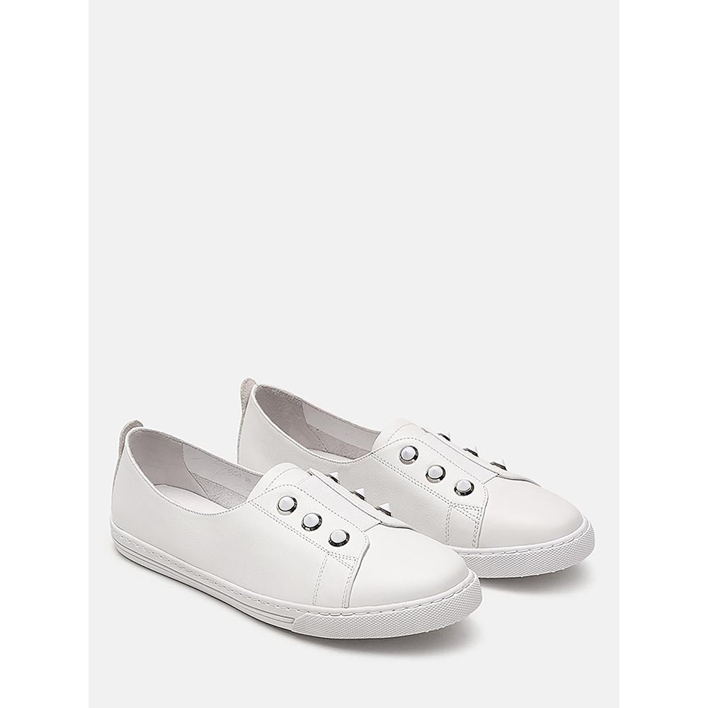 PAZZION Women White Studded Silver Accent Leather Slip-On Sneakers