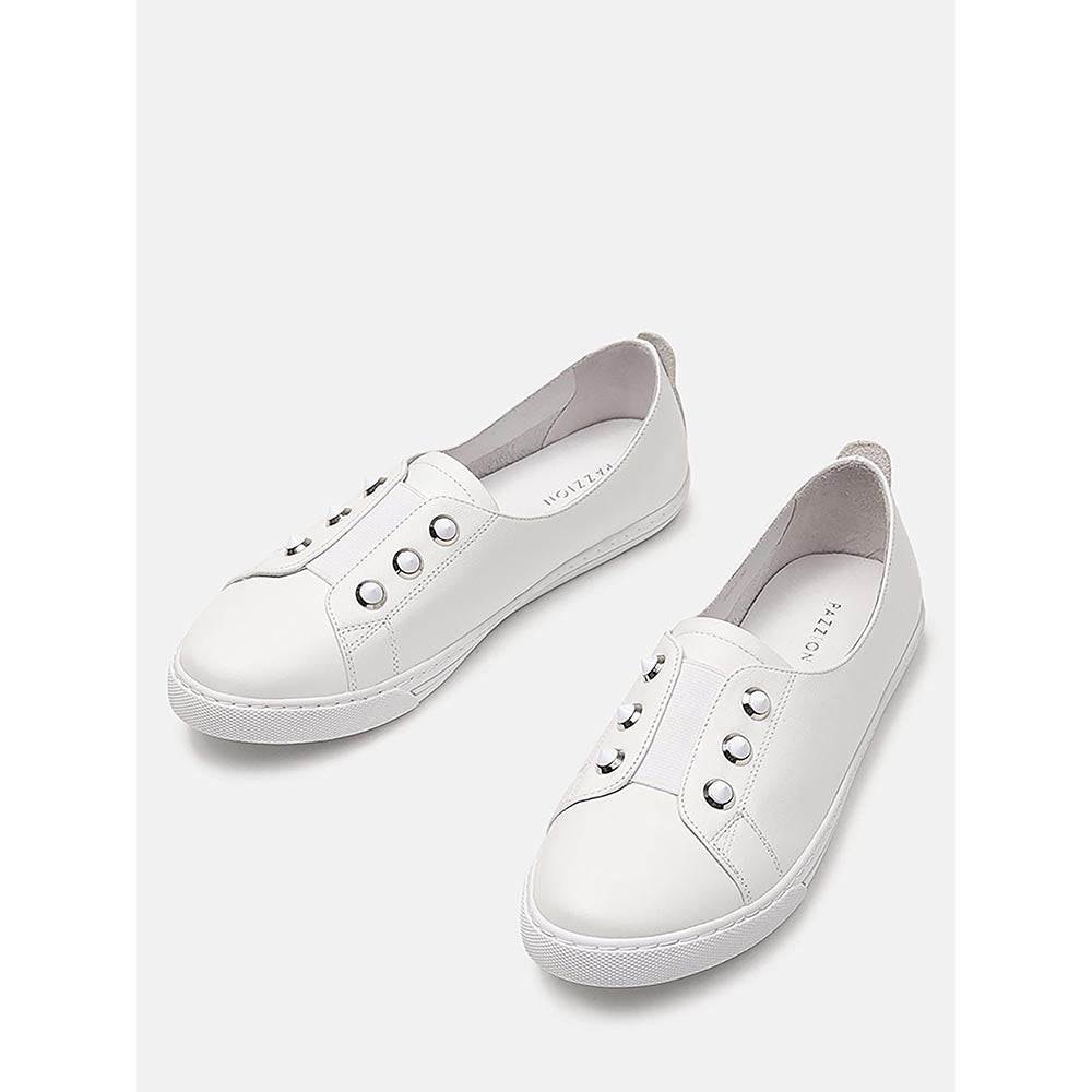 PAZZION Women White Studded Silver Accent Leather Slip-On Sneakers