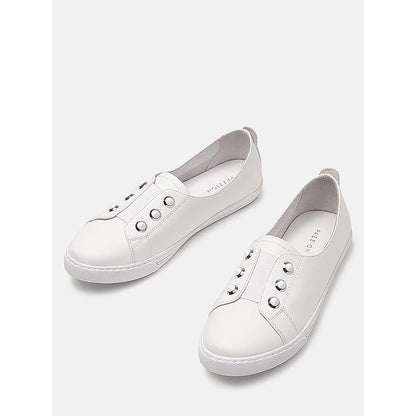 PAZZION Women White Studded Silver Accent Leather Slip-On Sneakers