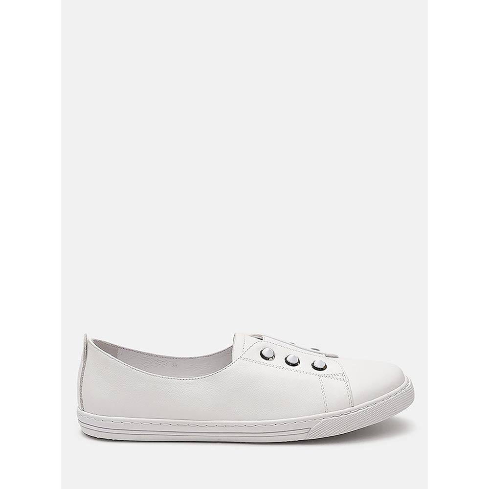 PAZZION Women White Studded Silver Accent Leather Slip-On Sneakers