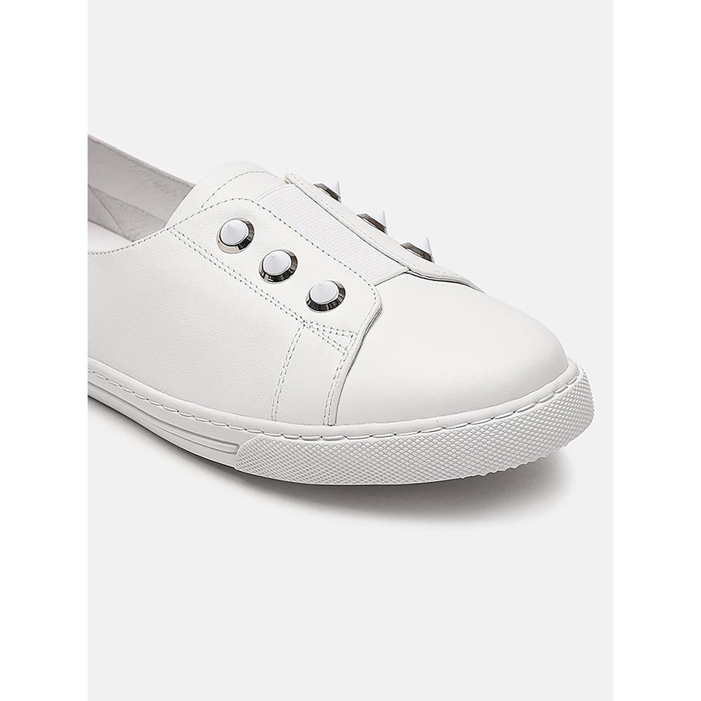 PAZZION Women White Studded Silver Accent Leather Slip-On Sneakers