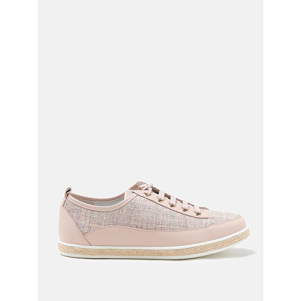 PAZZION Women Pink Tweed Espadrille Trim Leather Lace-Up Sneakers