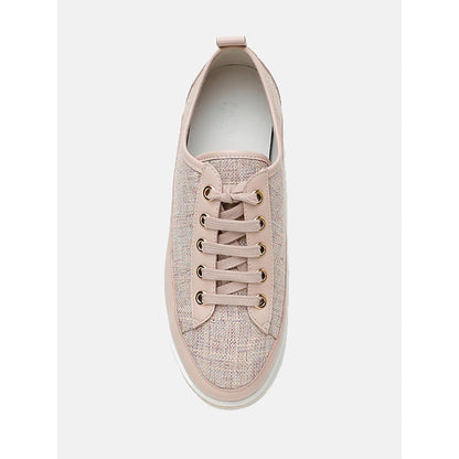 PAZZION Women Pink Tweed Espadrille Trim Leather Lace-Up Sneakers