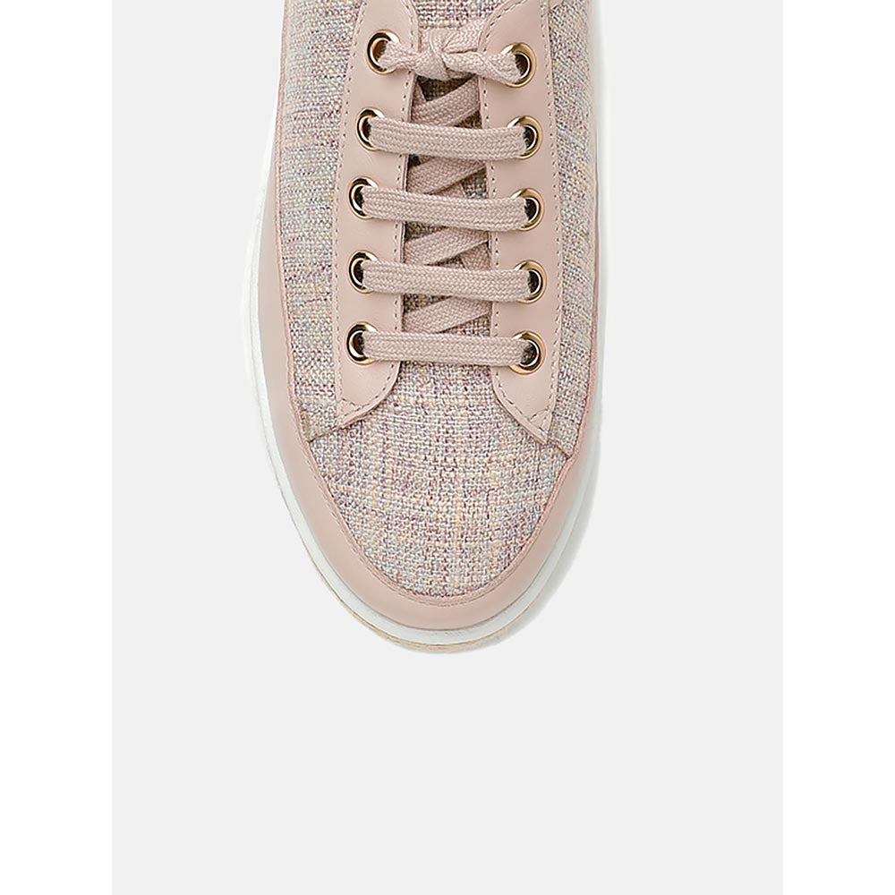PAZZION Women Pink Tweed Espadrille Trim Leather Lace-Up Sneakers