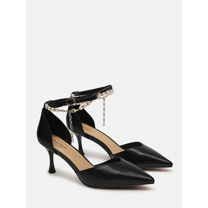 PAZZION Women Black Pearl Strap Stiletto Heels