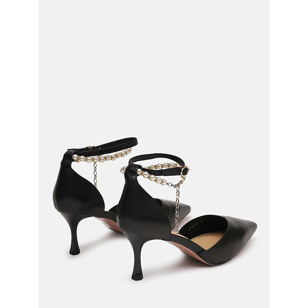 PAZZION Women Black Pearl Strap Stiletto Heels