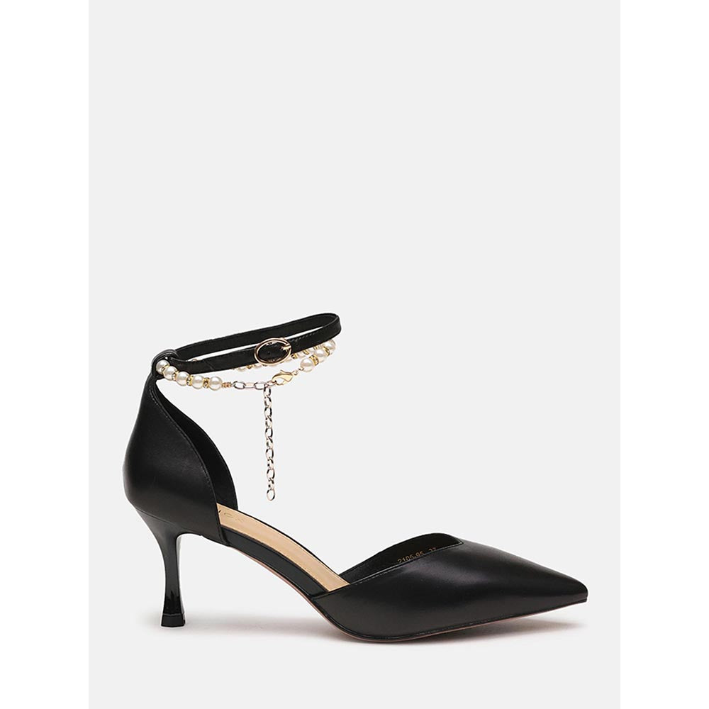 PAZZION Women Black Pearl Strap Stiletto Heels