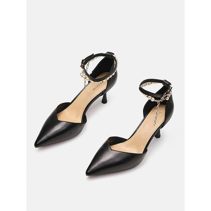 PAZZION Women Black Pearl Strap Stiletto Heels