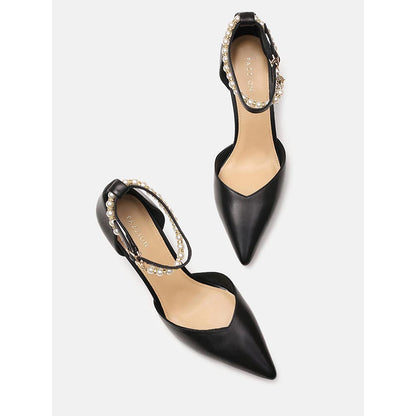 PAZZION Women Black Pearl Strap Stiletto Heels