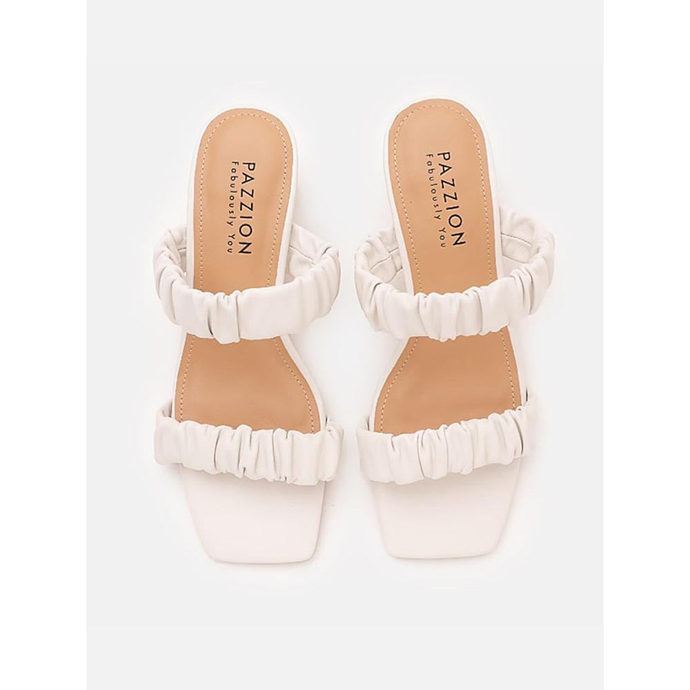 PAZZION Women Cream Weaved Strap Sandal Heels