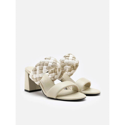 PAZZION Women Off White Braided Two-Tone Sandal Heels
