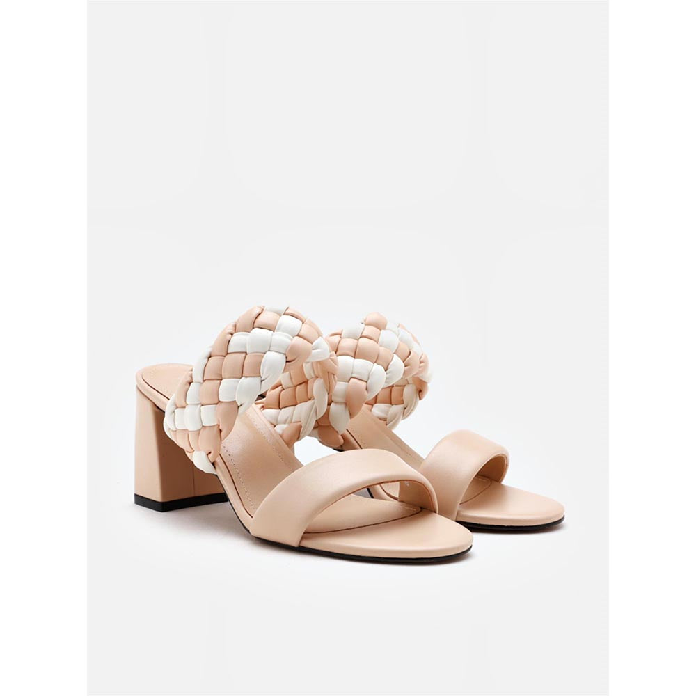 PAZZION Women Peach Braided Two-Tone Sandal Heels