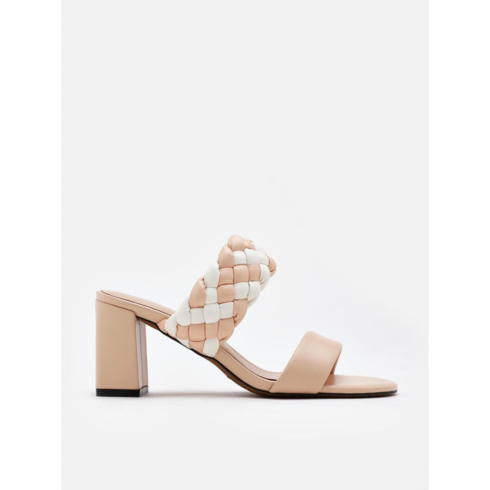 PAZZION Women Peach Braided Two-Tone Sandal Heels