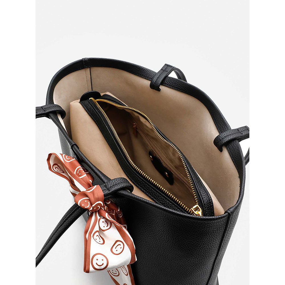 PAZZION Women's Tote Bag with Scarf- Black