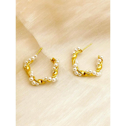 Peachy Accessories Classic Twisted Pearl Hoop Earrings 18K Gold Plated