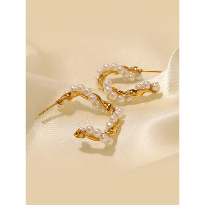 Peachy Accessories Classic Twisted Pearl Hoop Earrings 18K Gold Plated