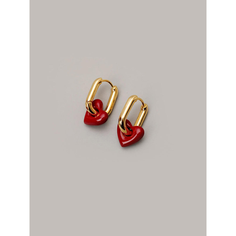 Peachy Accessories Cute Red Heart Huggie Hoop Earrings 18K Gold Plated