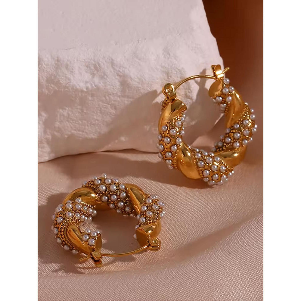 Peachy Accessories Gold Plated Elegant Pearl Hoop Earrings